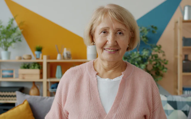 Senhora sorrindo na sala de estar